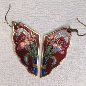 Vintage 80s Cloisonne Red Pink Floral Enamel Dangle Earrings Art Deco Style